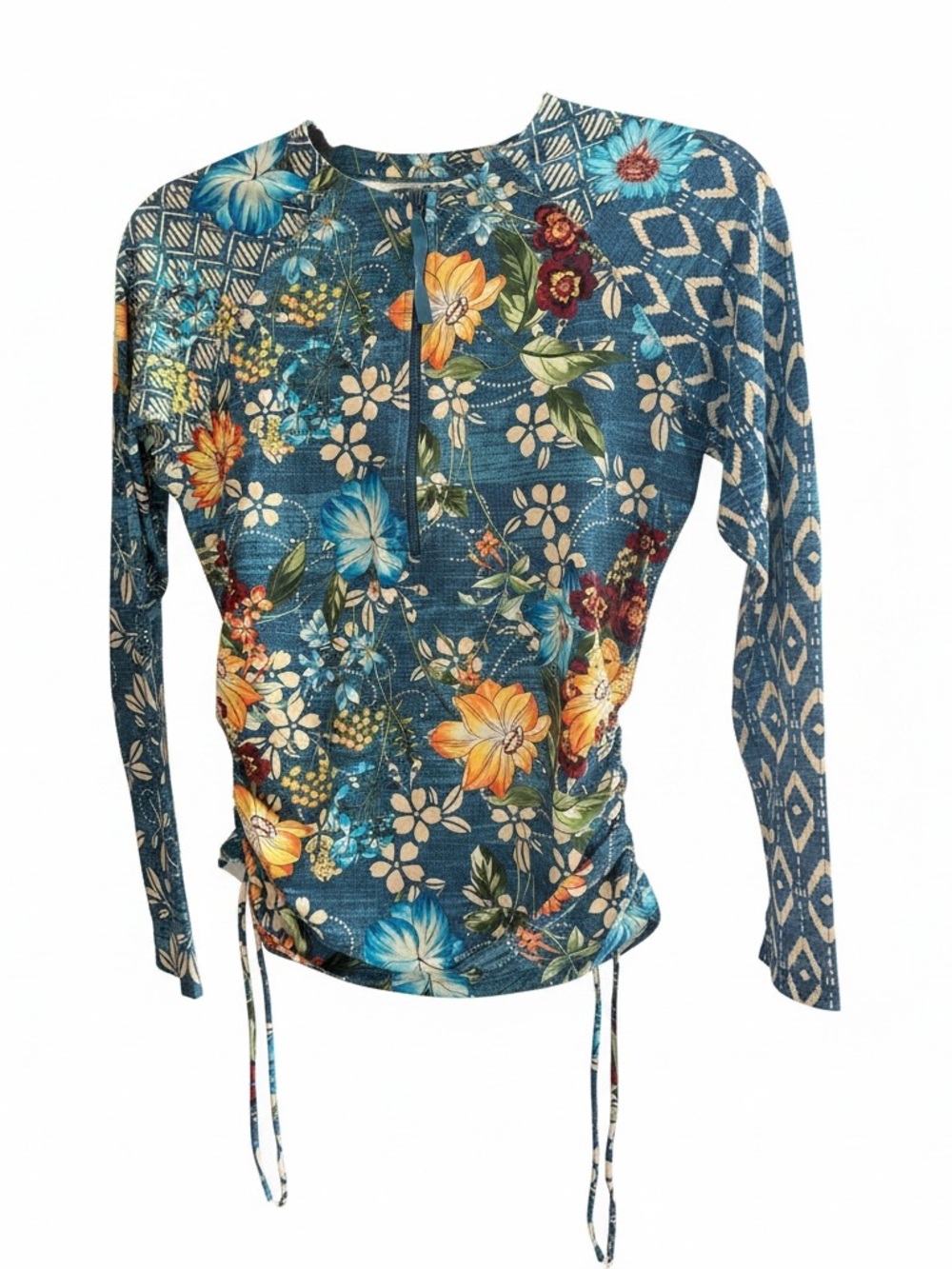 Johnny Was California Floral Ruched Swim Rash Guard Top Size L